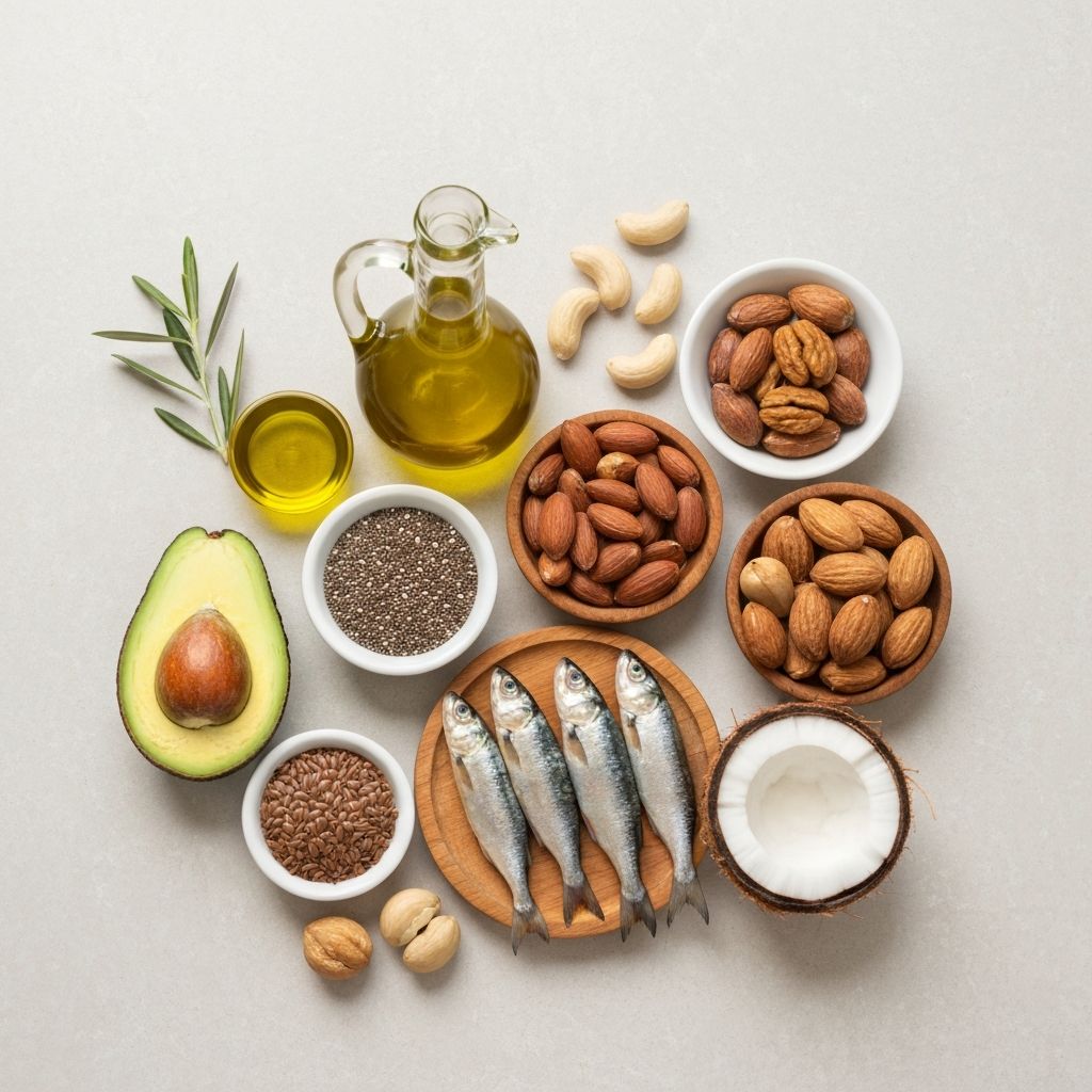 Healthy fat sources including olive oil, avocado, nuts, and fish